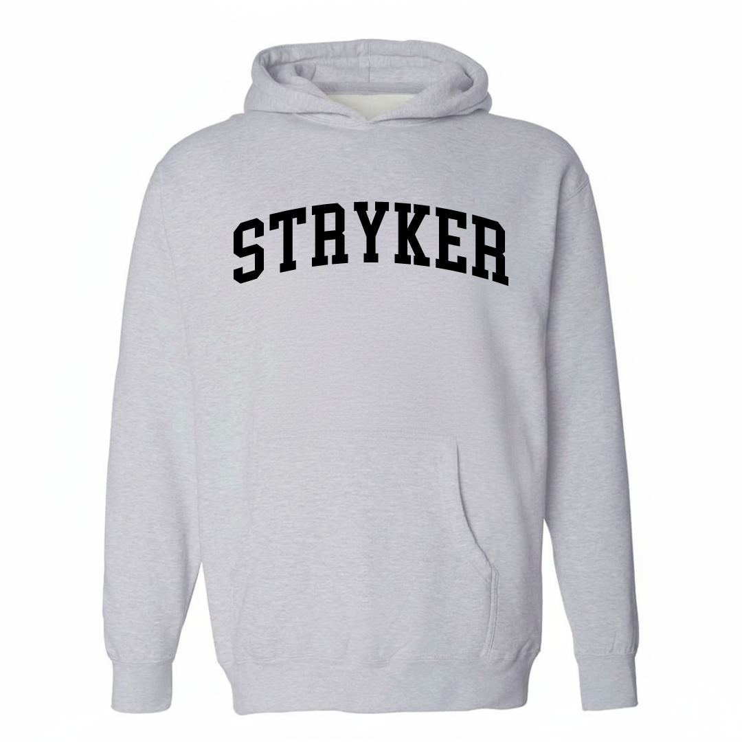 Heather-gray hoodie with the Stryker varsity arched lettering design on the chest.