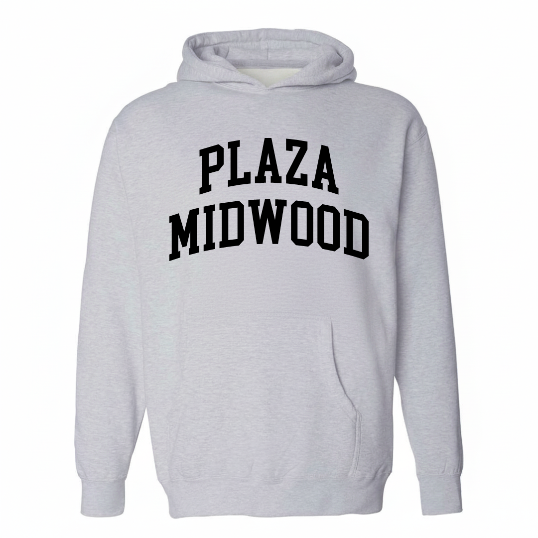 Heather-gray hoodie with the Plaza Midwood varsity arched lettering design on the chest.