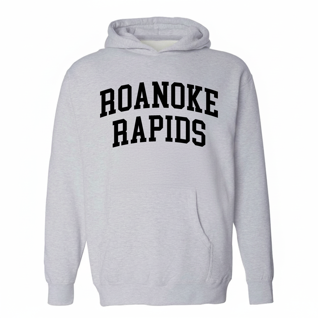 Heather-gray hoodie with the Roanoke Rapids varsity arched lettering design on the chest.