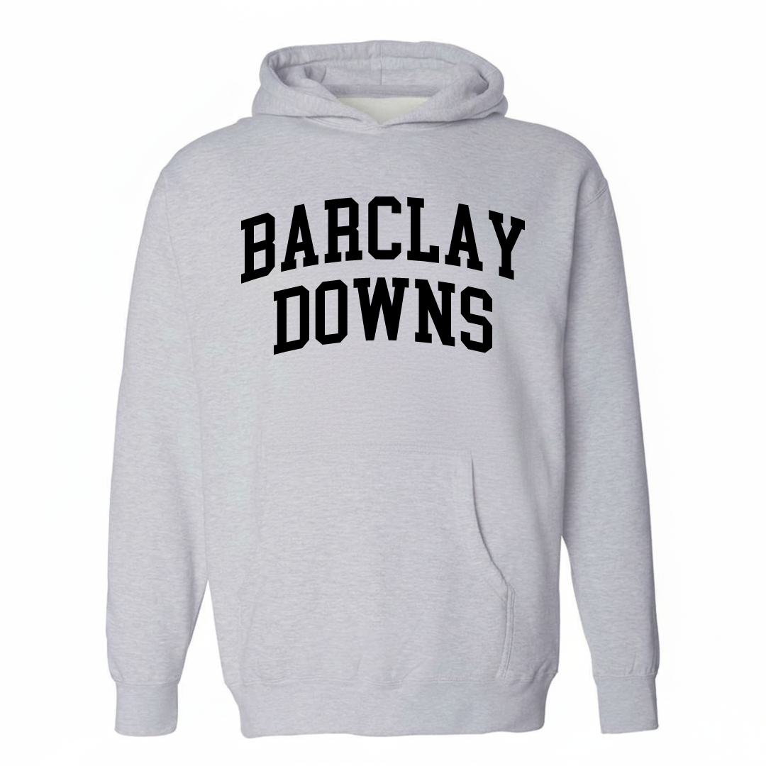 Heather-gray hoodie with the Barclay Downs arched lettering design on the chest.
