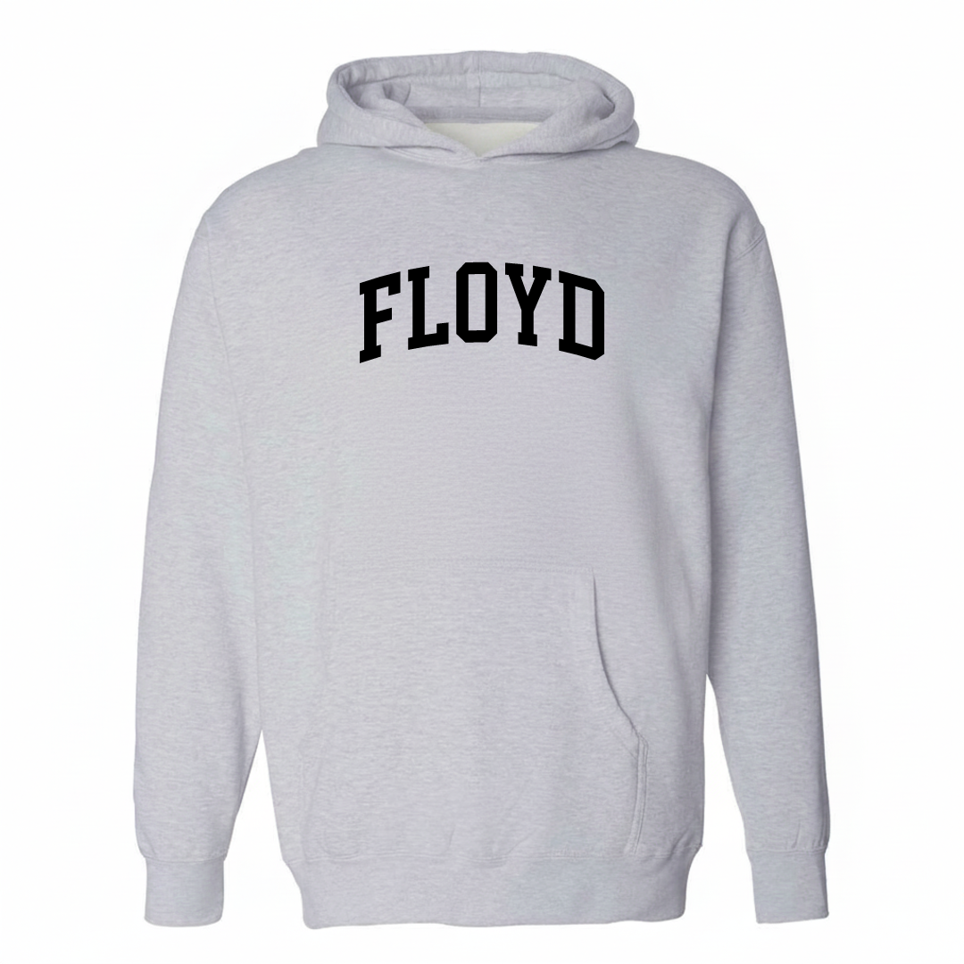 Heather-gray hoodie with the Floyd arched varsity lettering design on the chest.
