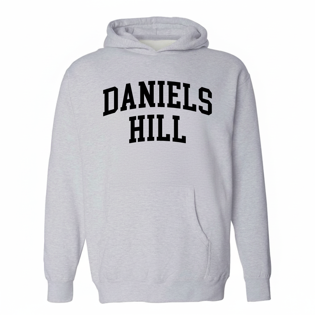 Heather-gray hoodie with the Daniel's Hill arched varsity lettering design on the chest.