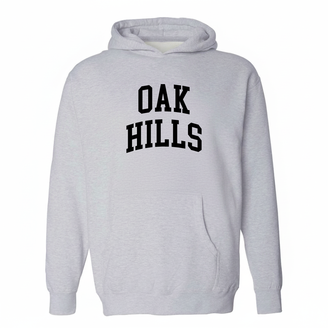 Heather-gray hoodie with the Oak Hills arched lettering varsity-collegiate design on the chest.