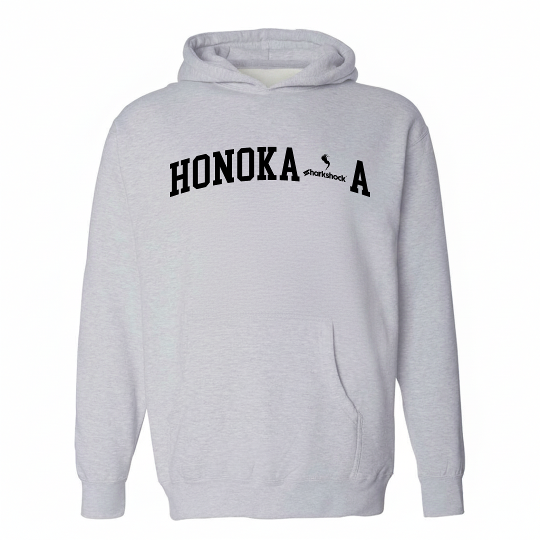 Heather-gray hoodie with the Honokaʻa varsity arched lettering design on the chest.