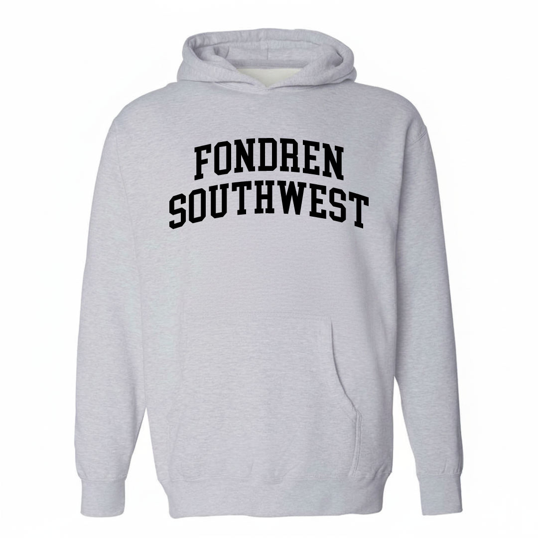 Heather-gray hoodie with the Fondren Southwest varsity arched lettering design on the chest.