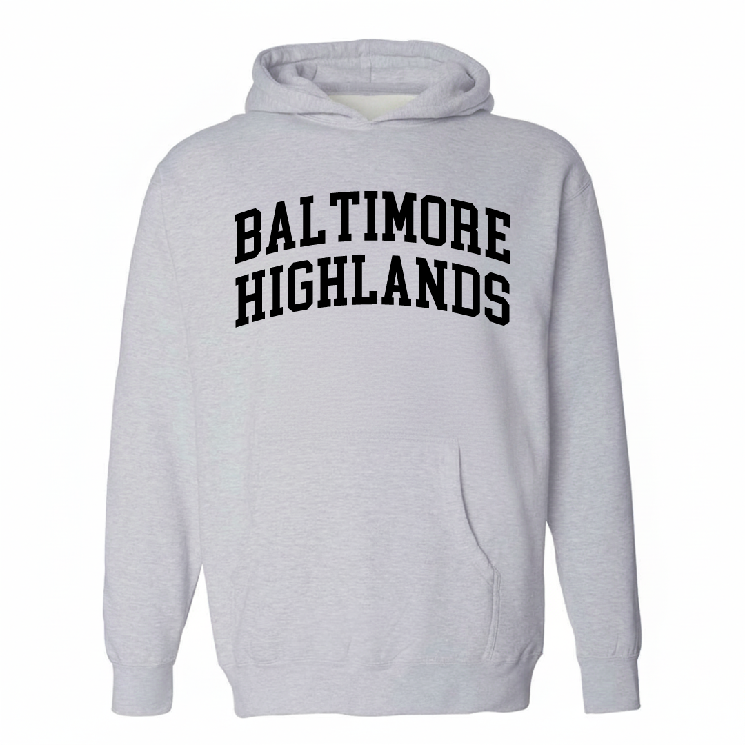 Heather-gray hoodie with the Baltimore Highlands varsity arched lettering design on the chest.