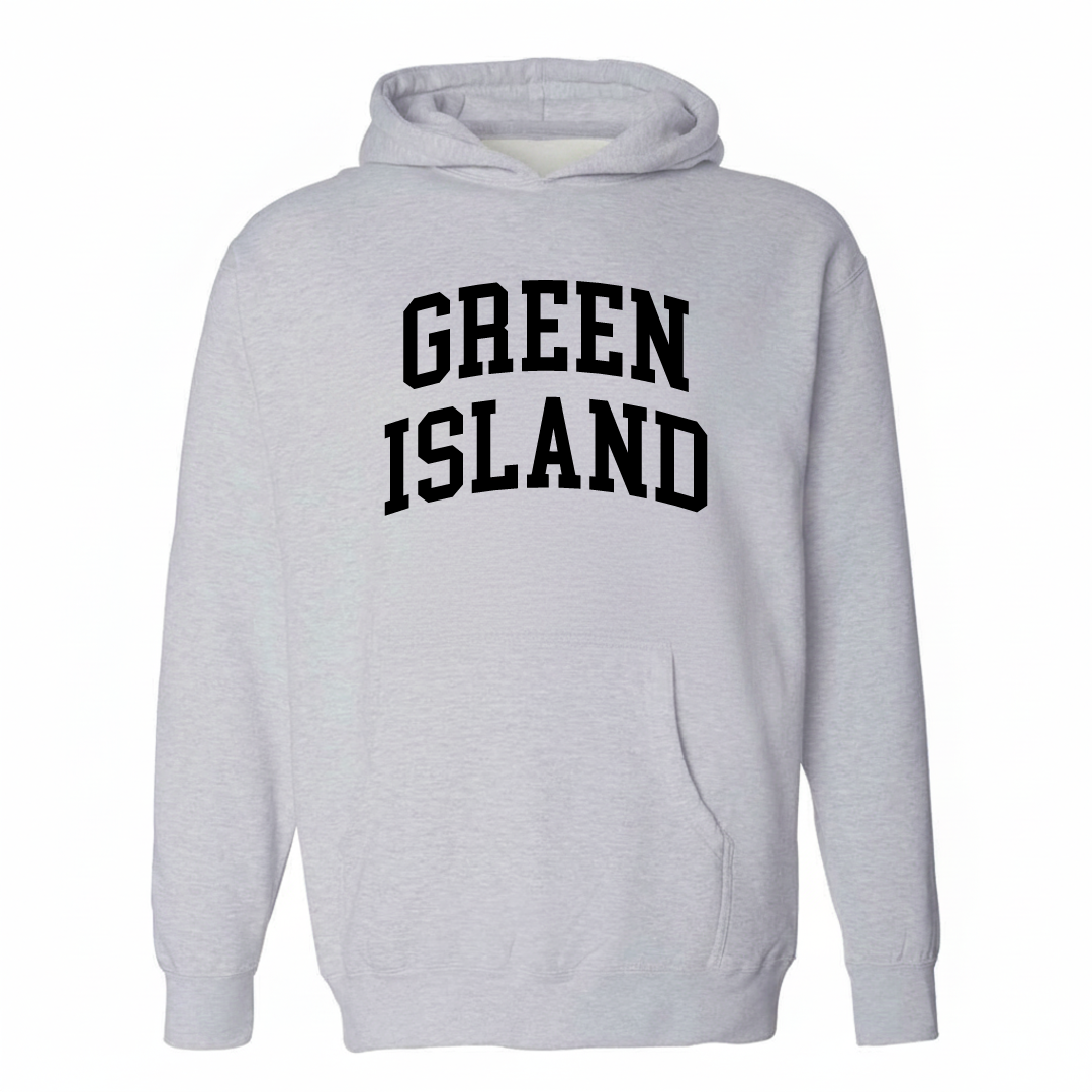 Heather-gray hoodie with the Green Island arched lettering varsity-collegiate design on the chest.