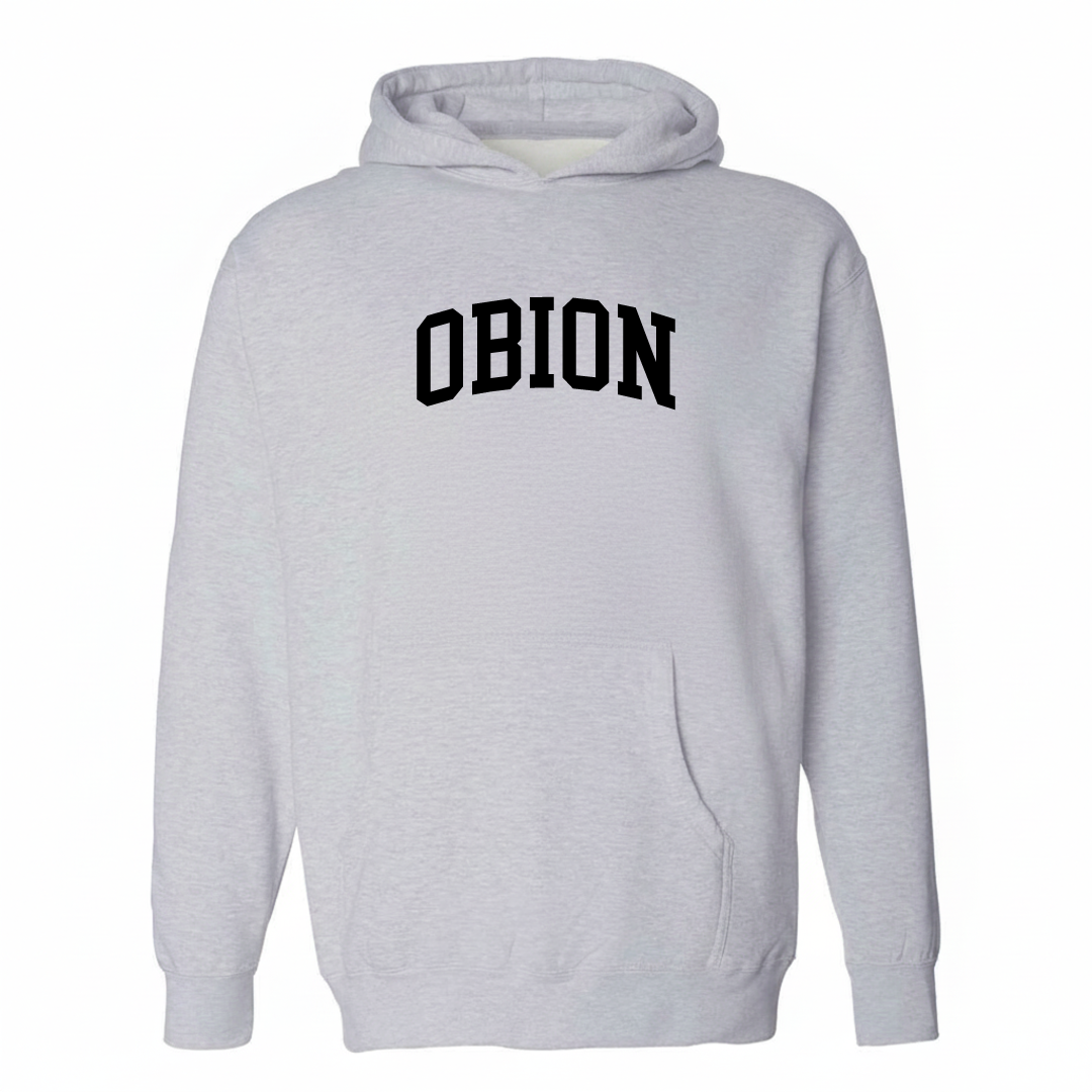 Heather-gray hoodie with the Obion arched lettering varsity-collegiate design on the chest.