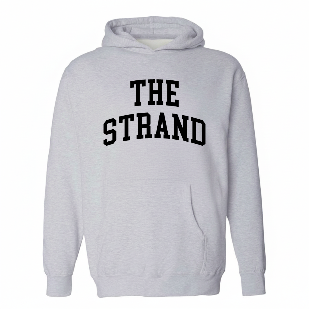 Heather-gray hoodie with The Strand Galveston varsity arched lettering design on the chest.