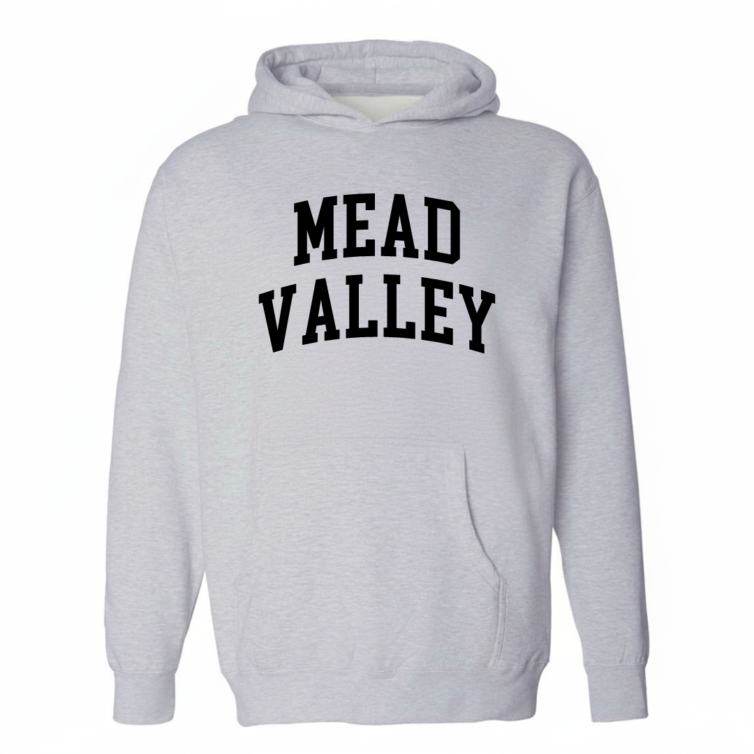 Heather-gray hoodie with the Mead Valley varsity arched lettering design on the chest.