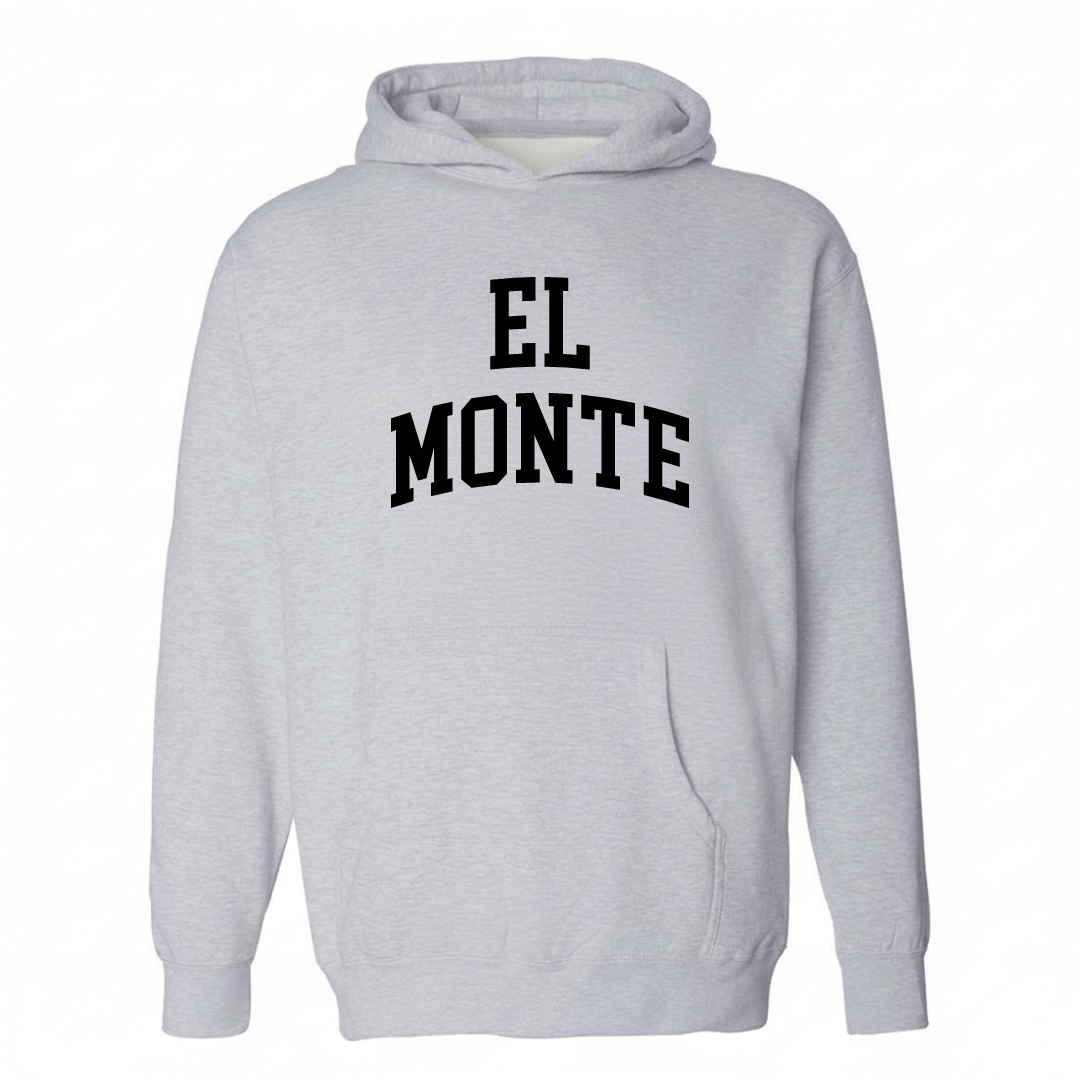 Heather-gray hoodie with the El Monte arched lettering varsity design on the chest.