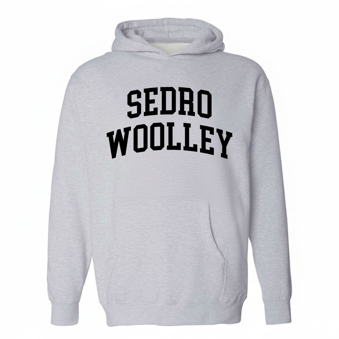 Heather-gray hoodie with the Sedro-Woolley varsity arched lettering design on the chest.