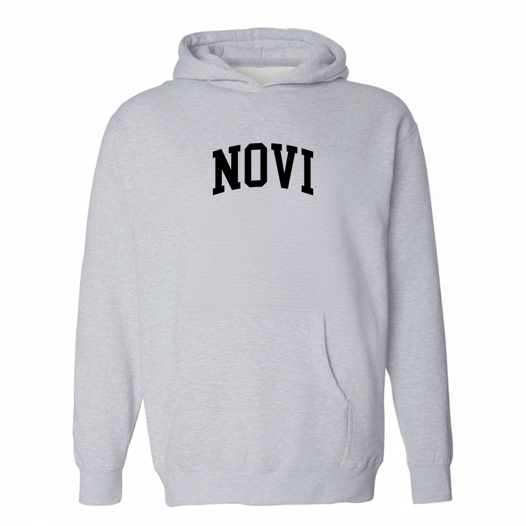 Heather-gray hoodie with the Novi varsity arched lettering design on the chest.