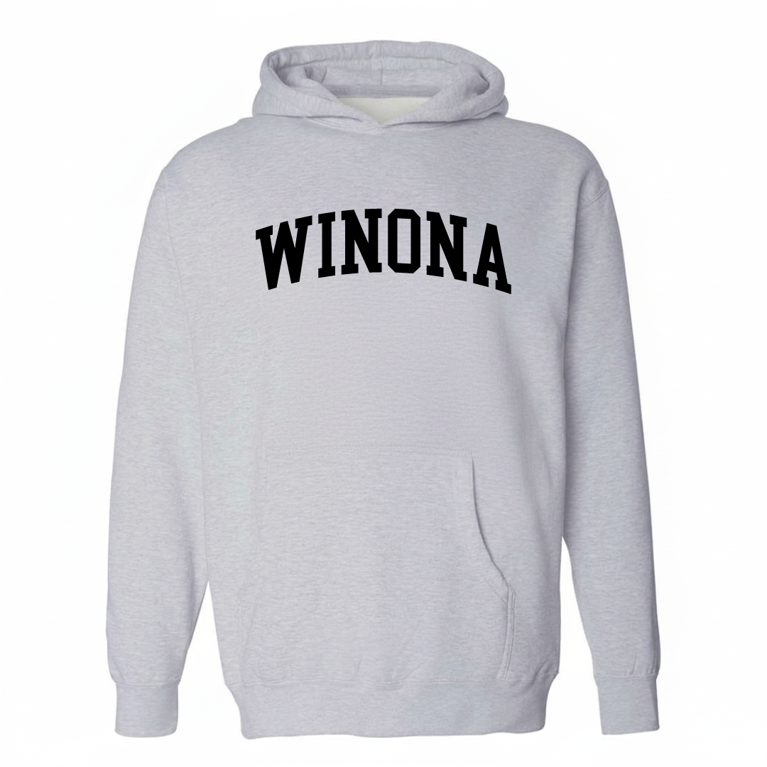 Heather-gray hoodie with the Winona arched lettering varsity-collegiate design on the chest.