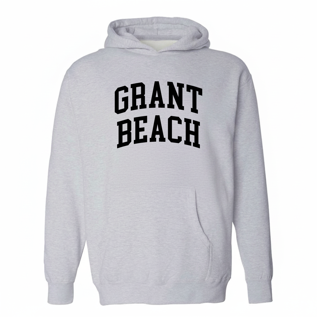 Heather-gray hoodie with the Grant Beach varsity arched lettering design on the chest.