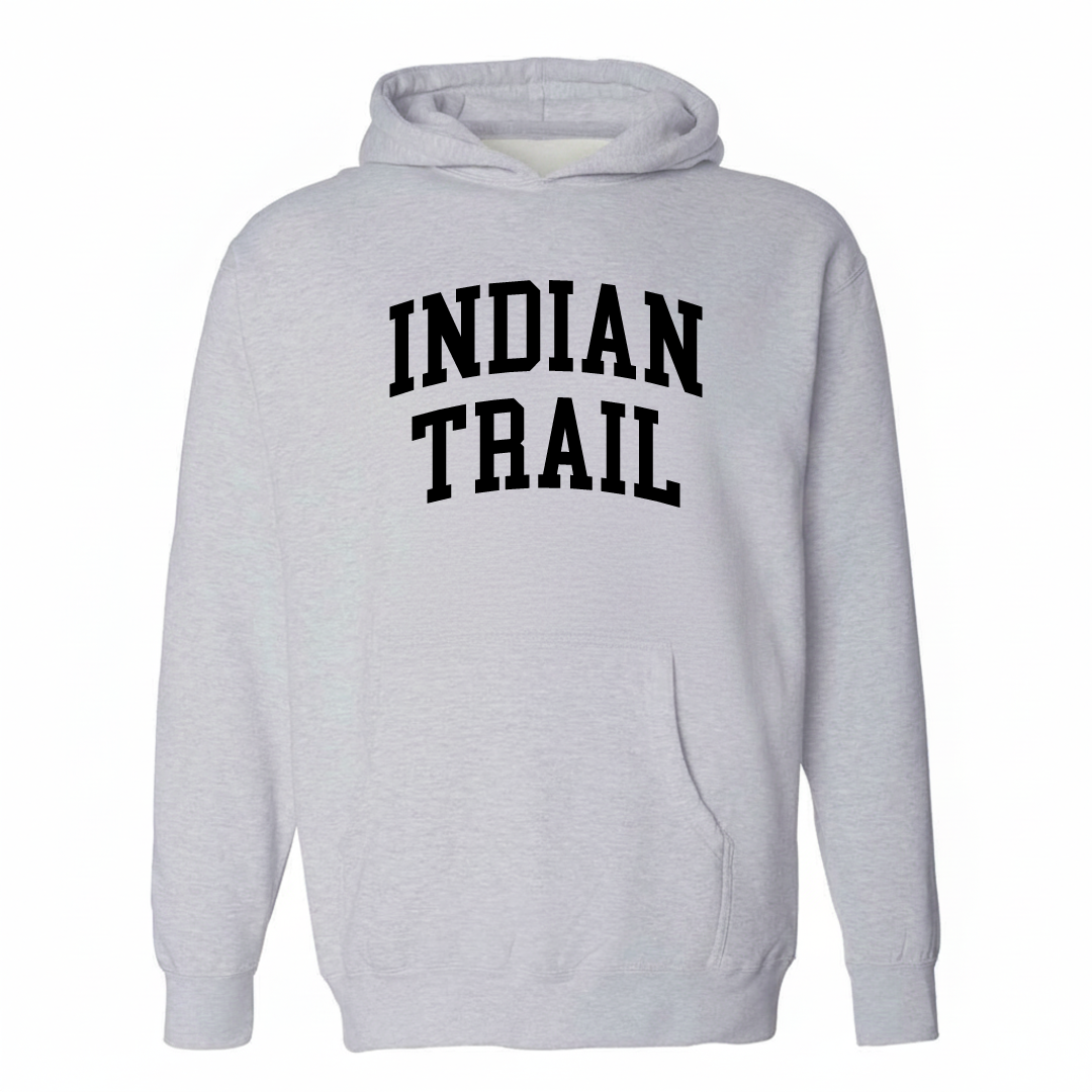 Heather-gray hoodie with the Indian Trail arched lettering varsity-collegiate design on the chest.