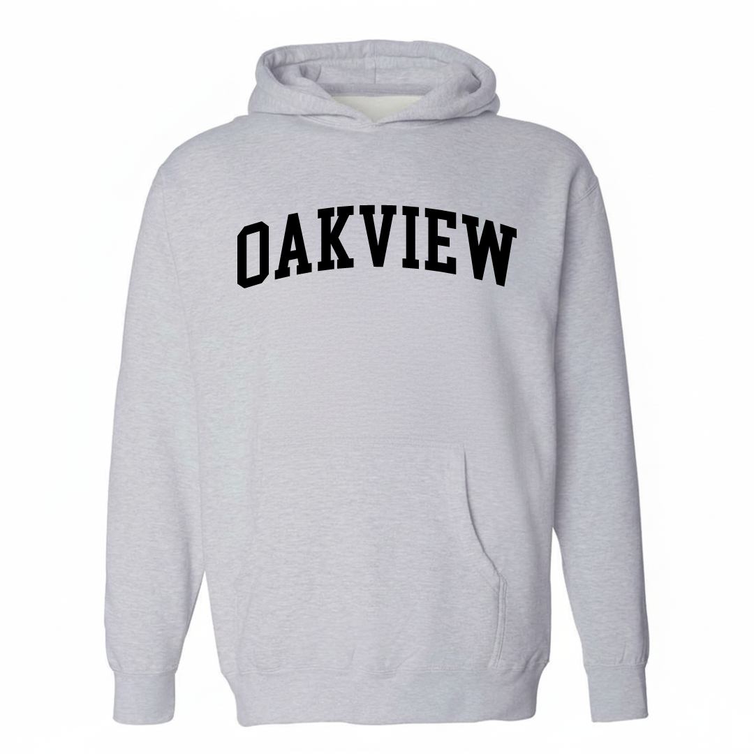 Heather-gray hoodie with the Oakview varsity arched lettering design on the chest.