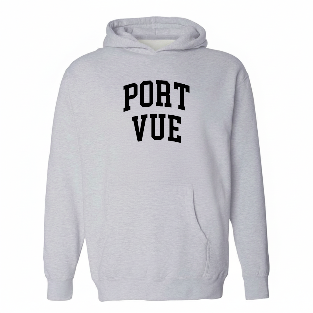 Heather-gray hoodie with the Port Vue arched lettering varsity-collegiate design on the chest.