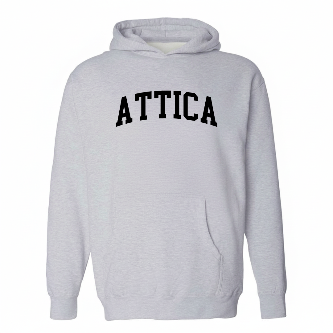 Heather-gray hoodie with the Attica varsity arched lettering design on the chest.