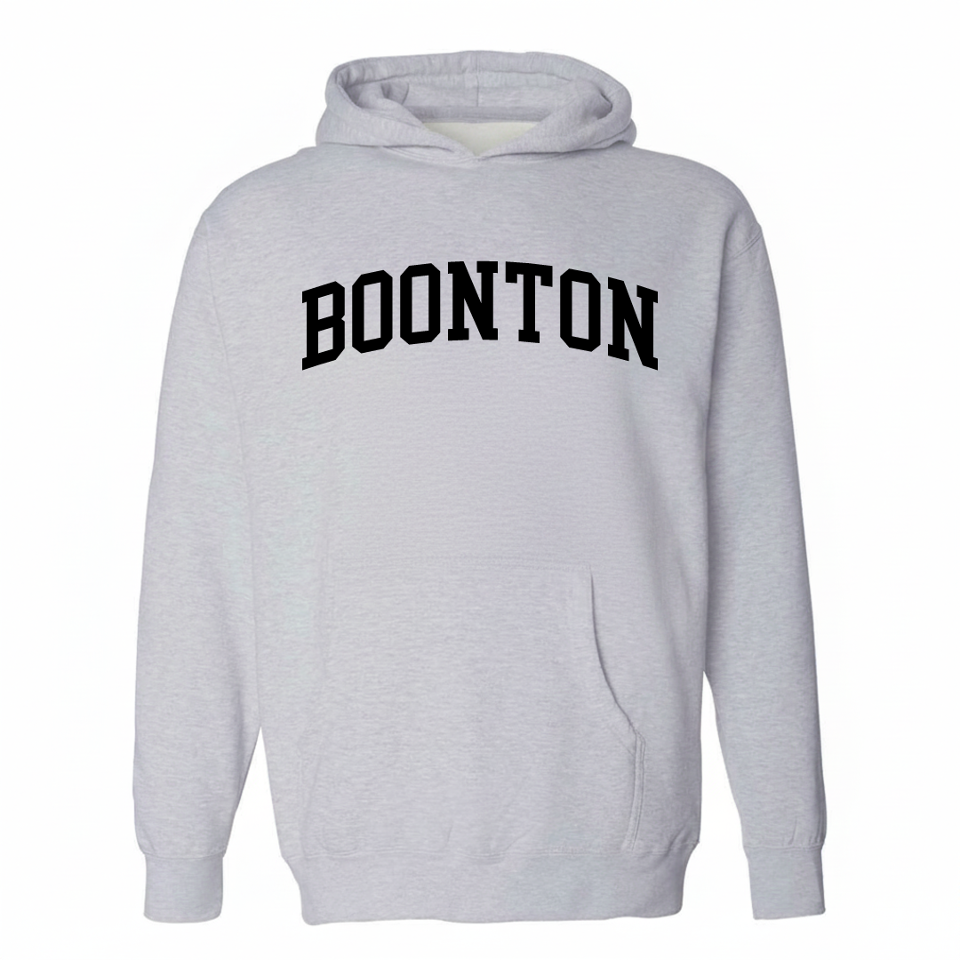 Heather-gray hoodie with the Boonton varsity arched lettering design on the chest.
