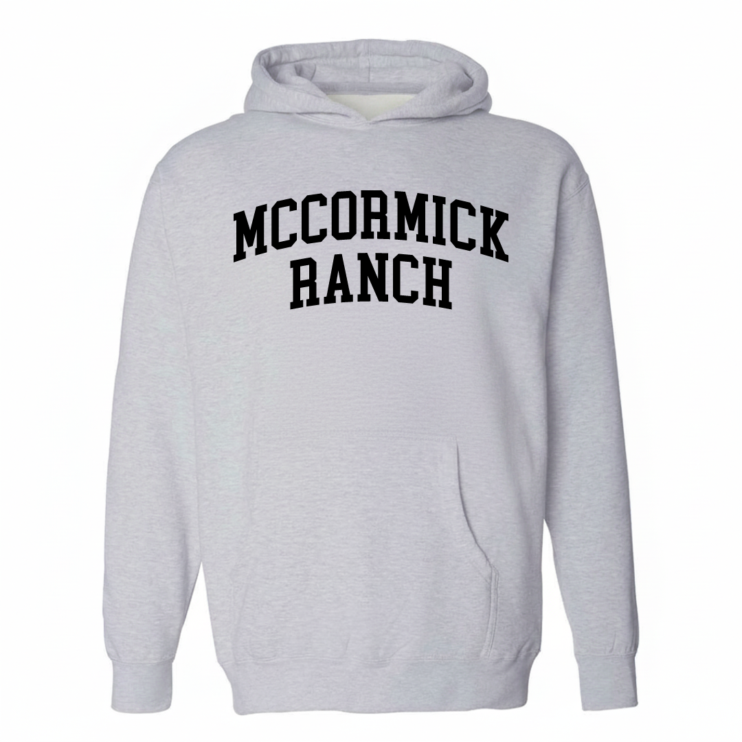 Heather-gray hoodie with the McCormick Ranch varsity arched lettering design on the chest.