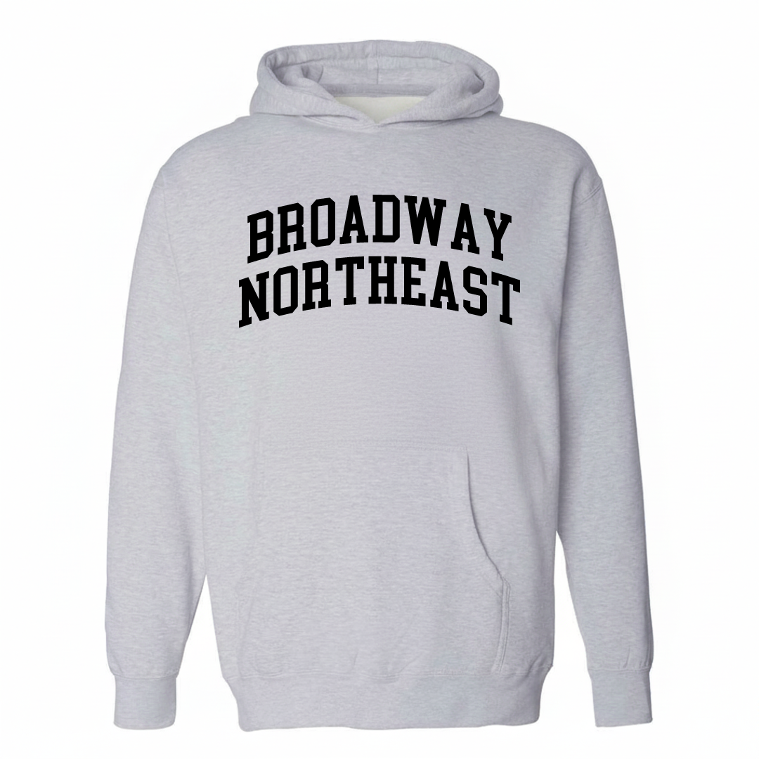 Heather-gray hoodie with the Broadway Northeast arched varsity lettering design on the chest.