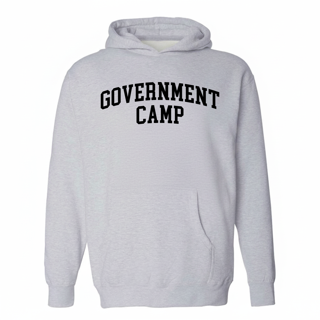 Heather-gray hoodie with the Government Camp varsity arched lettering design on the chest.
