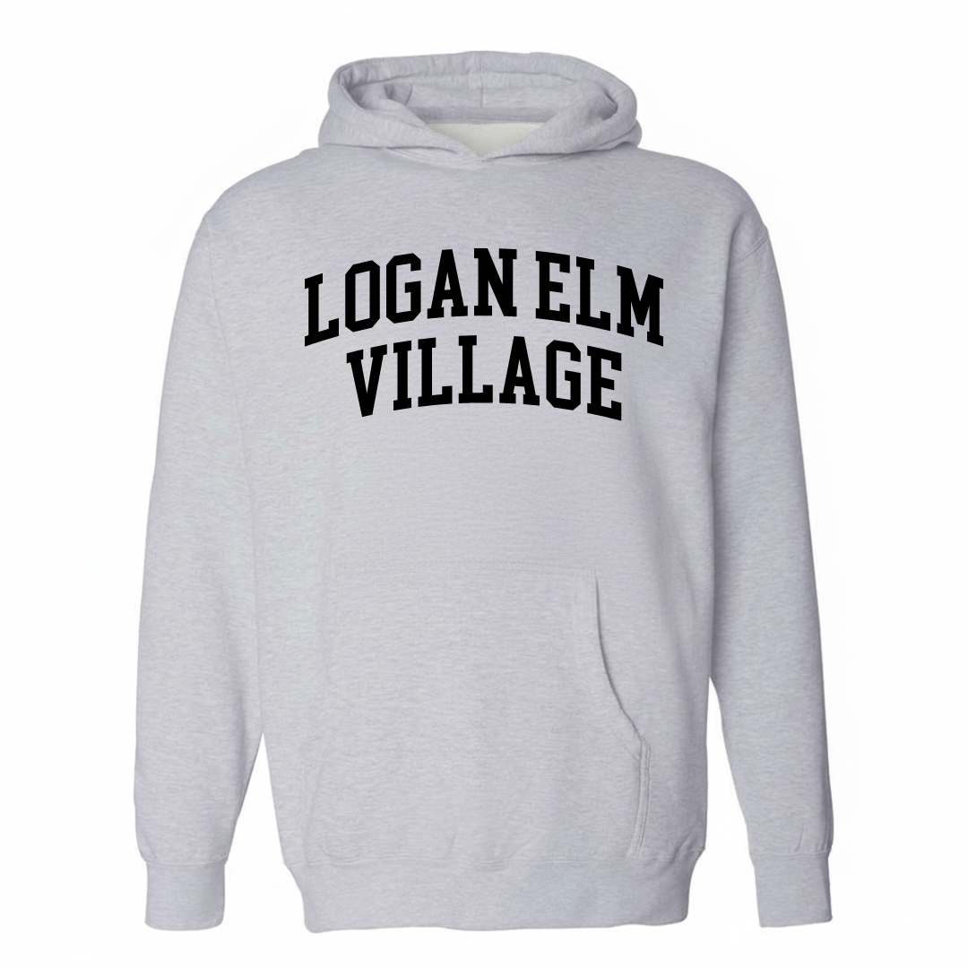 Heather-gray hoodie with the Logan Elm Village varsity arched lettering design on the chest.