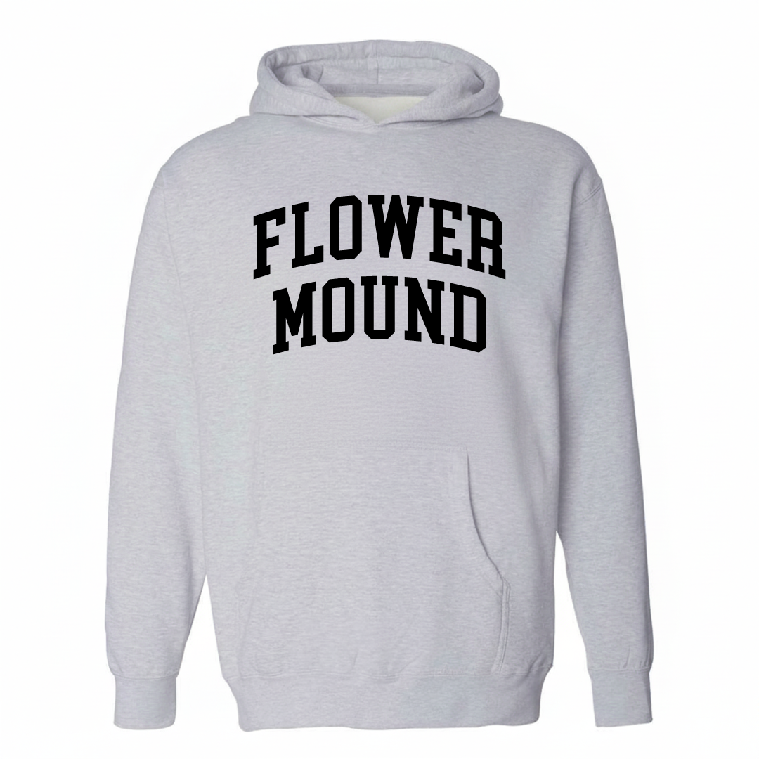 Heather-gray hoodie with the Flower Mound varsity arched lettering design on the chest.