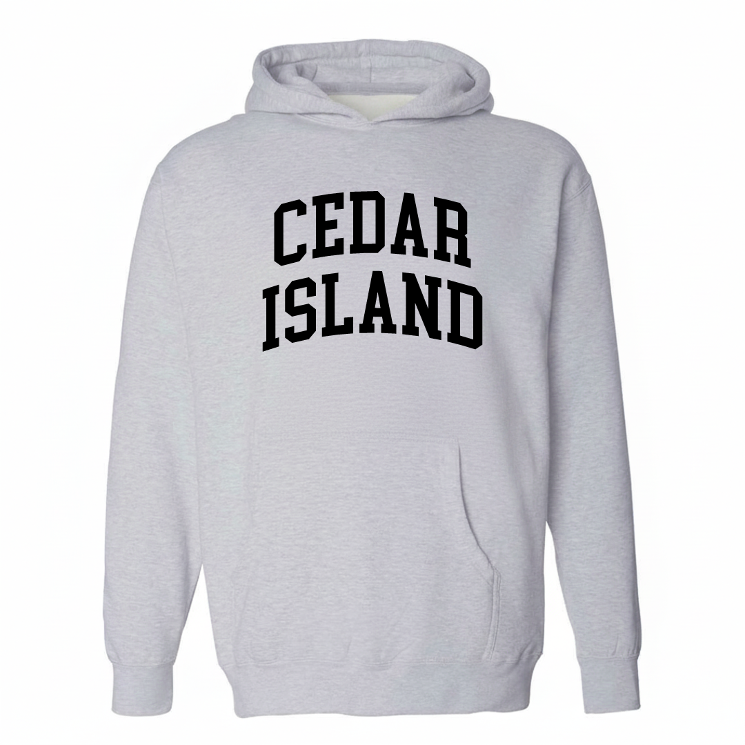 Heather-gray hoodie with the Cedar Island arched varsity lettering design on the chest.
