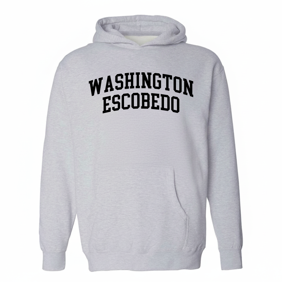 Heather-gray hoodie with the Washington-Escobedo arched lettering design on the chest.