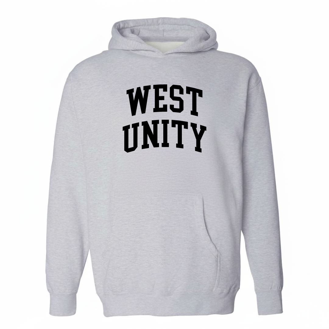 Heather-gray hoodie with the West Unity varsity arched lettering design on the chest.
