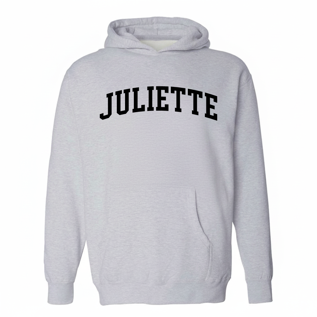 Heather-gray hoodie with the Juliette arched lettering design on the chest.