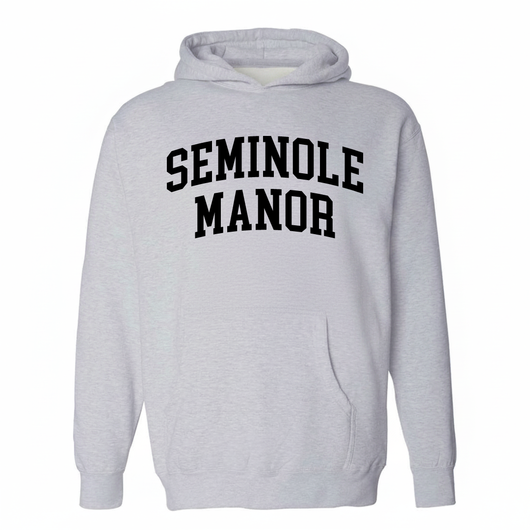 Heather-gray hoodie with the Seminole Manor varsity arched lettering design on the chest.