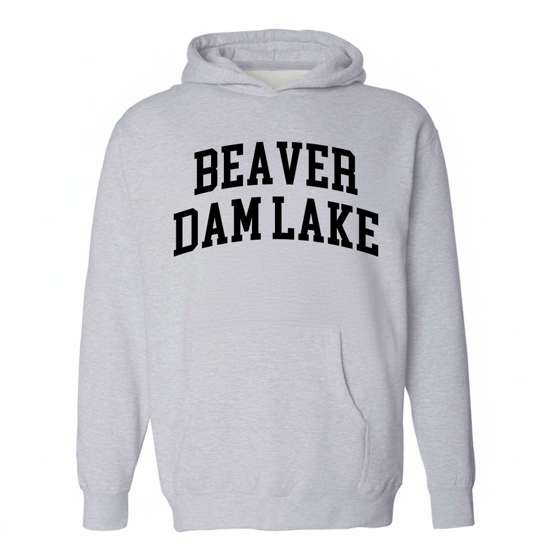 Heather-gray hoodie with the Beaver Dam Lake varsity arched lettering design on the chest.