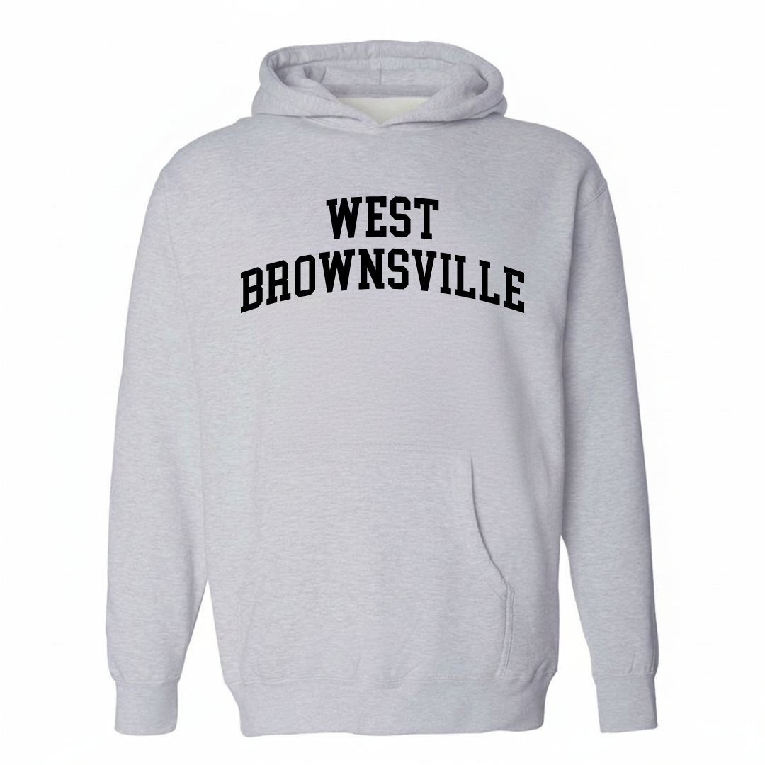 Heather-gray hoodie with the West Brownsville varsity arched lettering design on the chest.