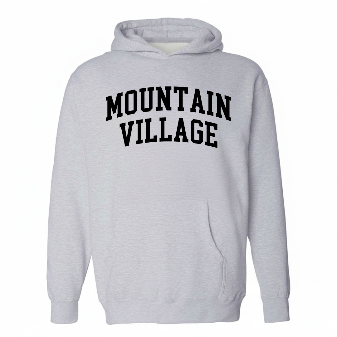 Heather-gray hoodie with the Mountain Village varsity arched lettering design on the chest.
