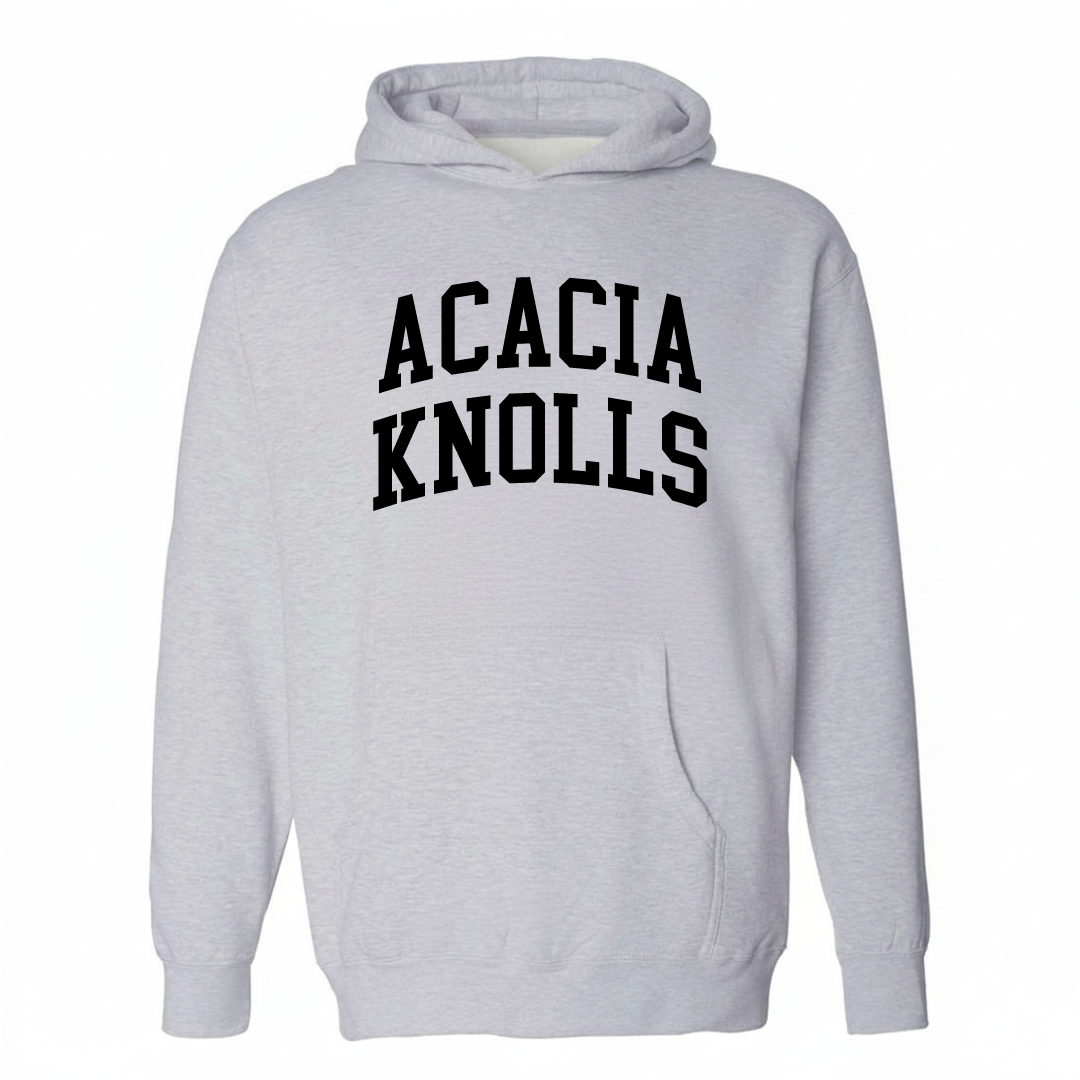 Heather-gray hoodie with the Acacia Knolls varsity arched lettering design on the chest.