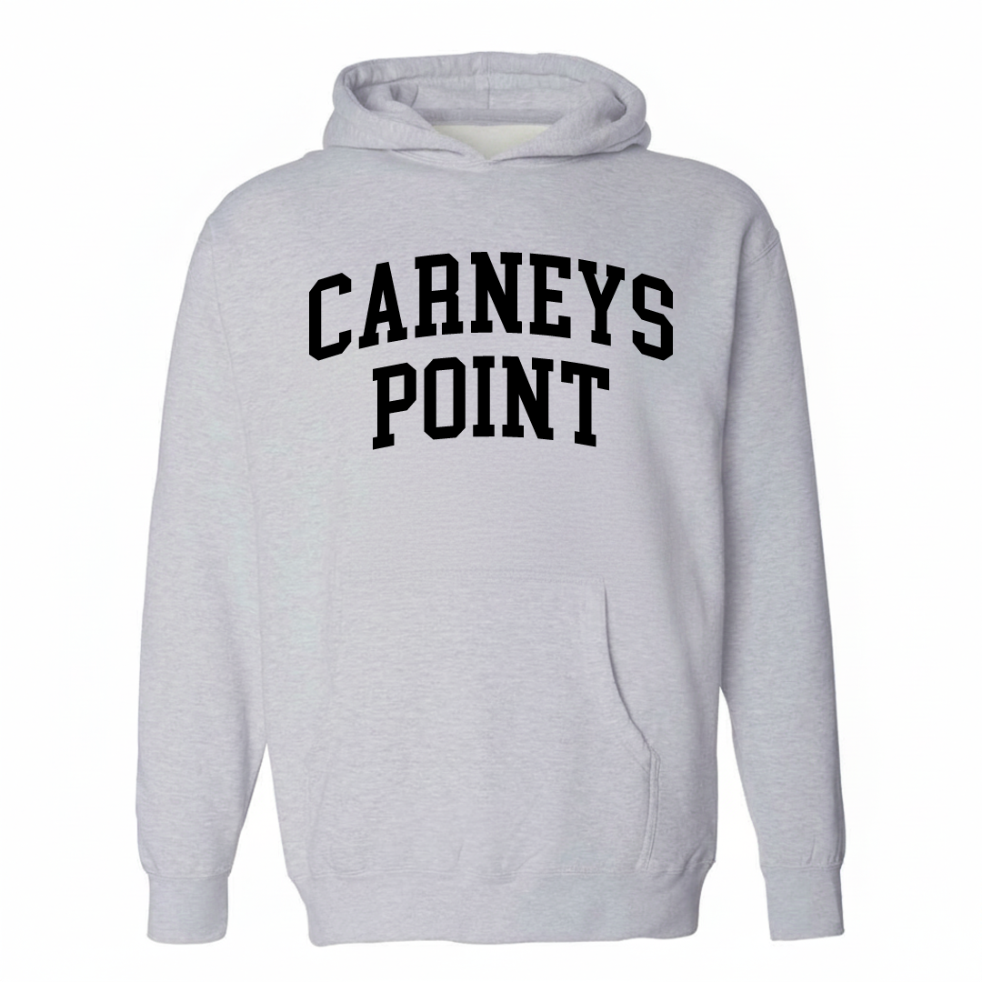 Heather-gray hoodie with the Carneys Point arched lettering design on the chest.