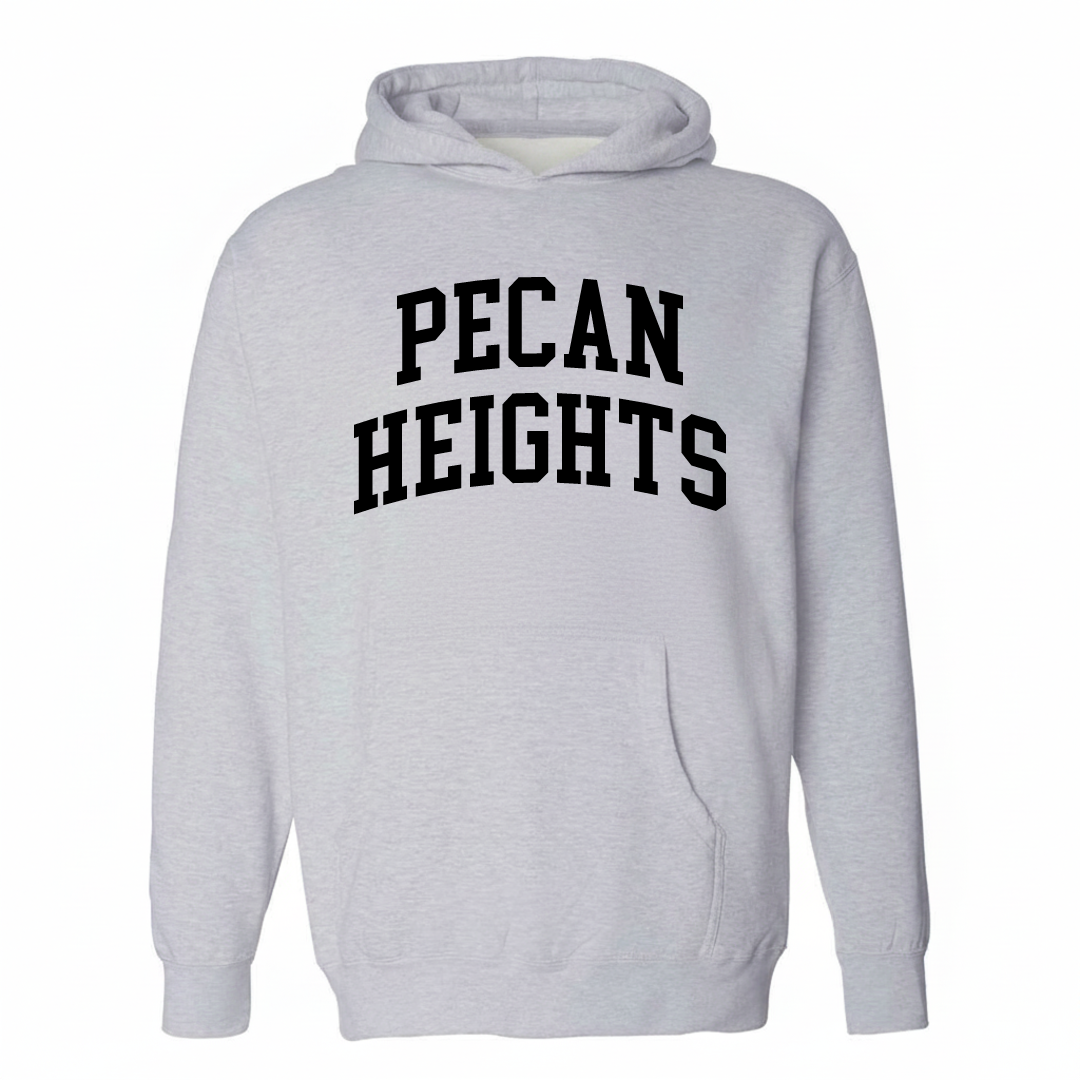 Heather-gray hoodie with the Pecan Heights varsity arched lettering design on the chest.