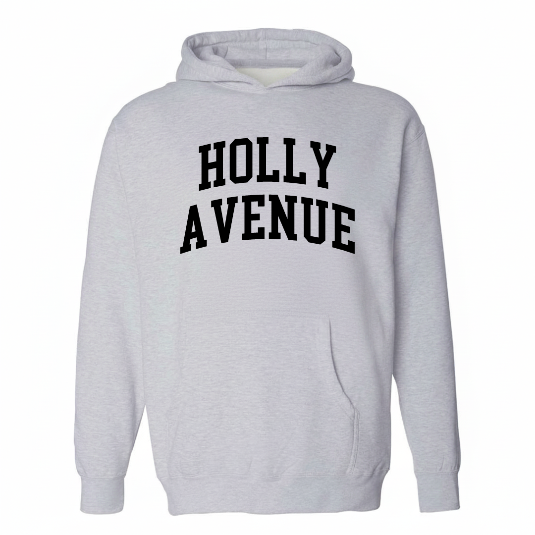 Heather-gray hoodie with the Holly Avenue varsity arched lettering design on the chest.