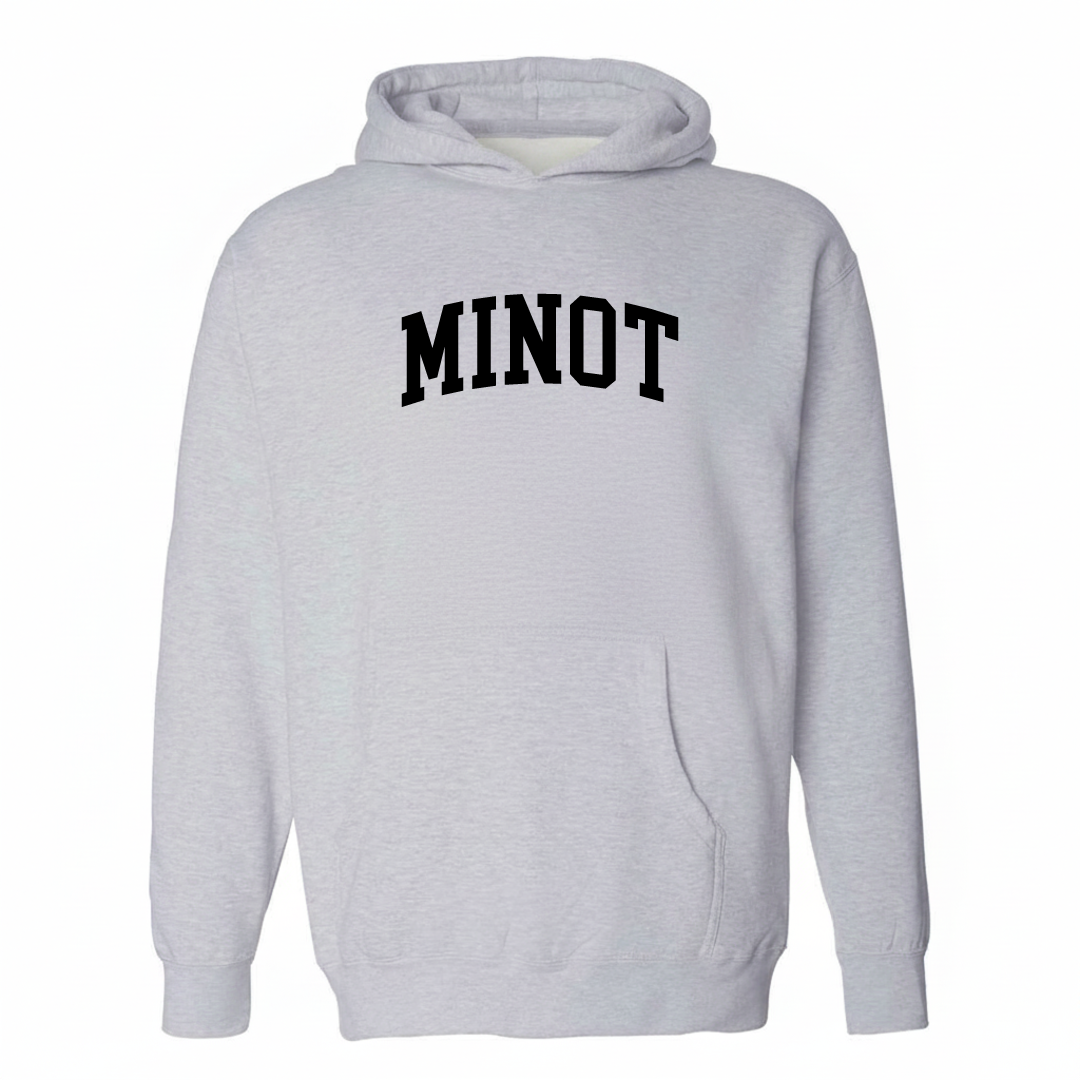 Heather-gray hoodie with the Minot varsity arched lettering design on the chest.