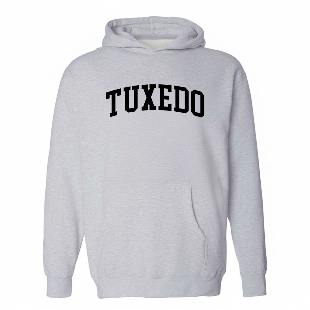 Heather-gray hoodie with the Tuxedo arched varsity lettering design on the chest.