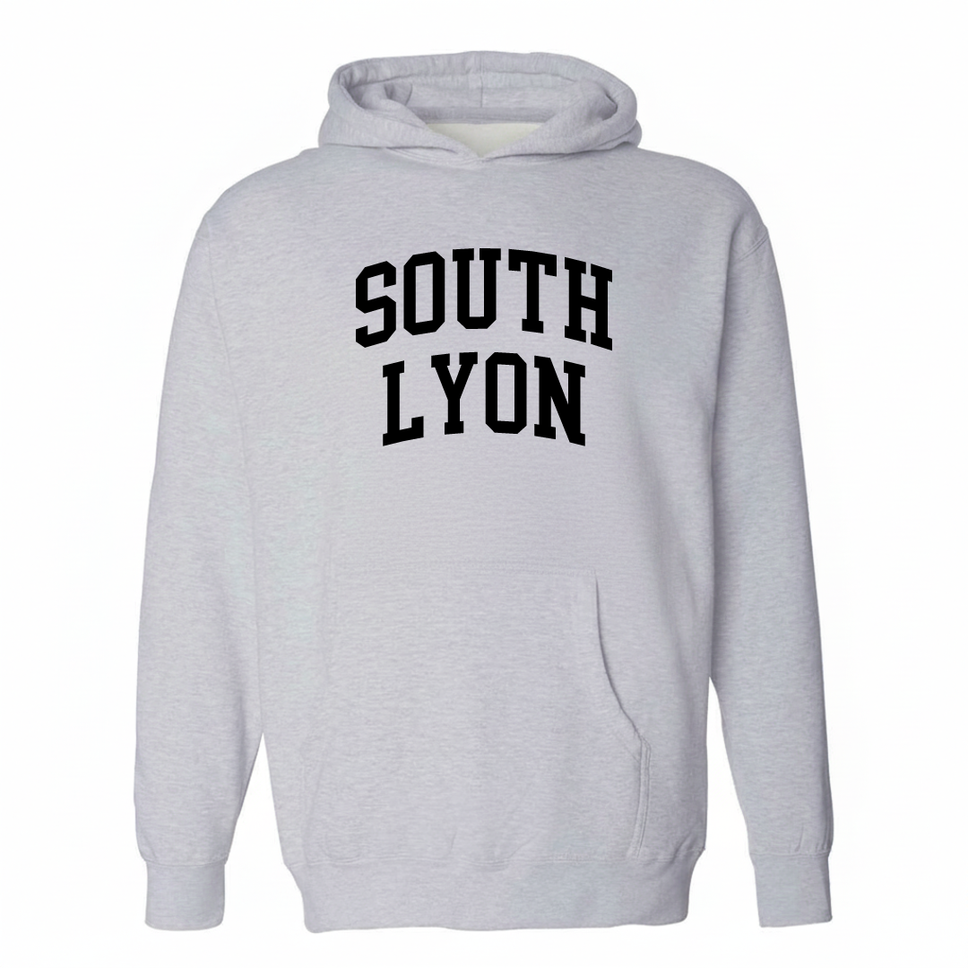 Heather-gray hoodie with the South Lyon varsity arched lettering design on the chest.