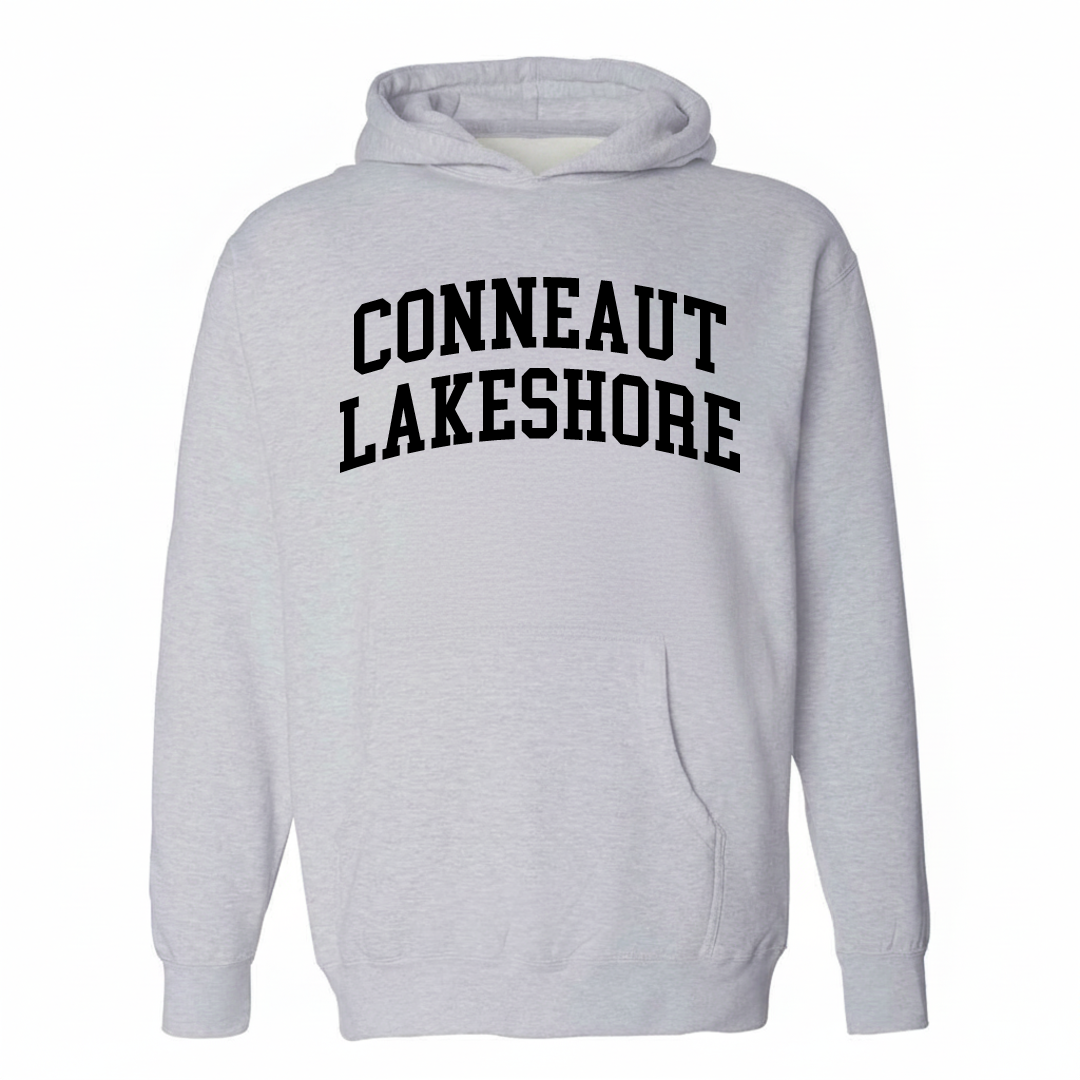 Heather-gray hoodie with the Conneaut Lakeshore varsity arched lettering design on the chest.