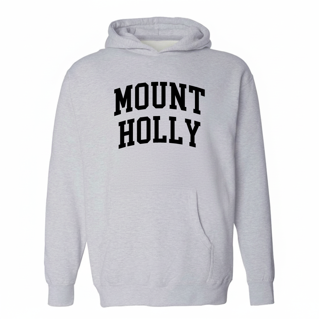 Heather-gray hoodie with the Mount Holly varsity arched lettering design on the chest.