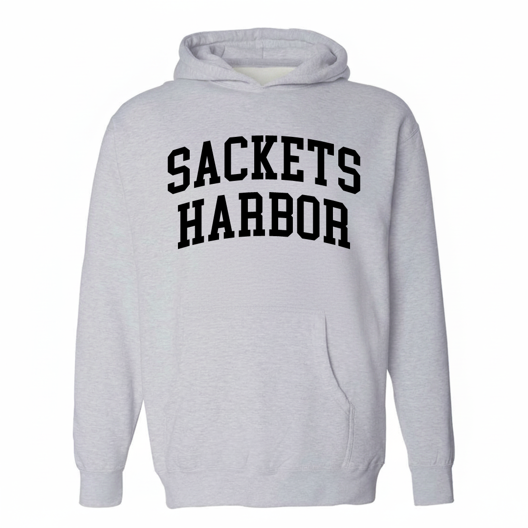 Heather-gray hoodie with the Sackets Harbor varsity arched lettering design on the chest.