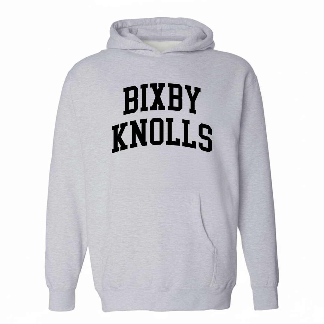 Heather-gray hoodie with the Bixby Knolls varsity arched lettering design on the chest.