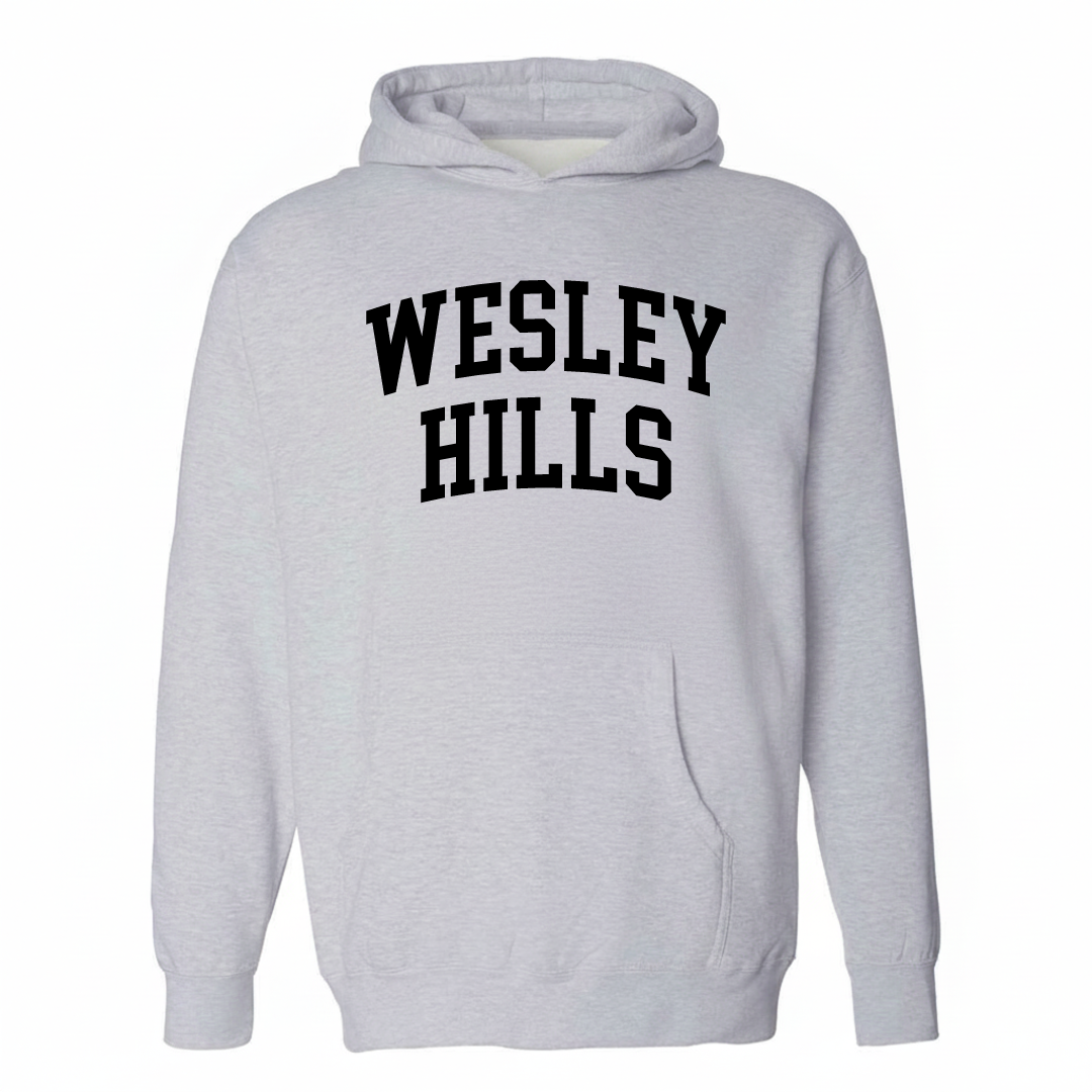 Heather-gray hoodie with the Wesley Hills varsity arched lettering design on the chest.