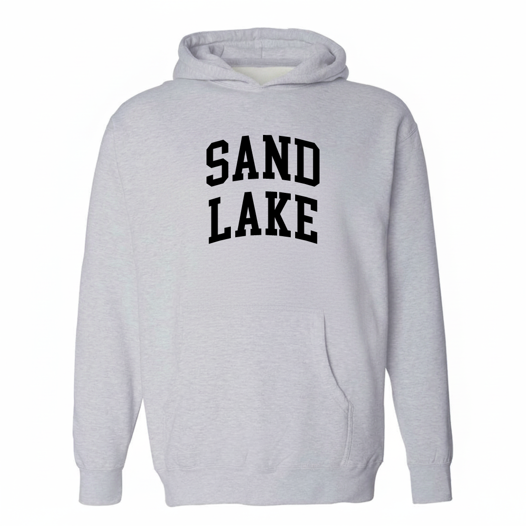 Heather-gray hoodie with the Sand Lake arched varsity lettering design on the chest.